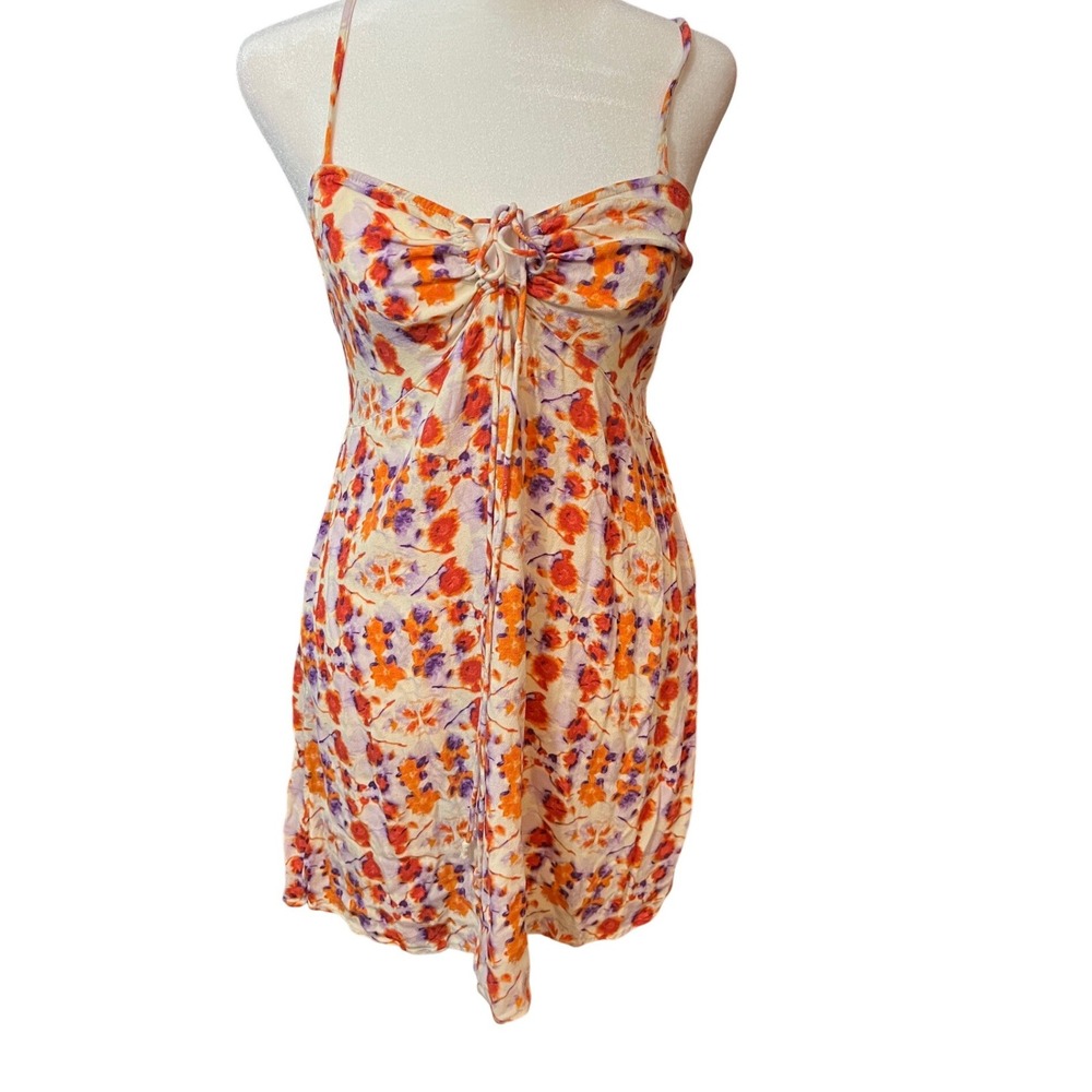 Aerie Floral Mini Dress Medium Orange Purple Sweetheart Neck Smocked Back Boho